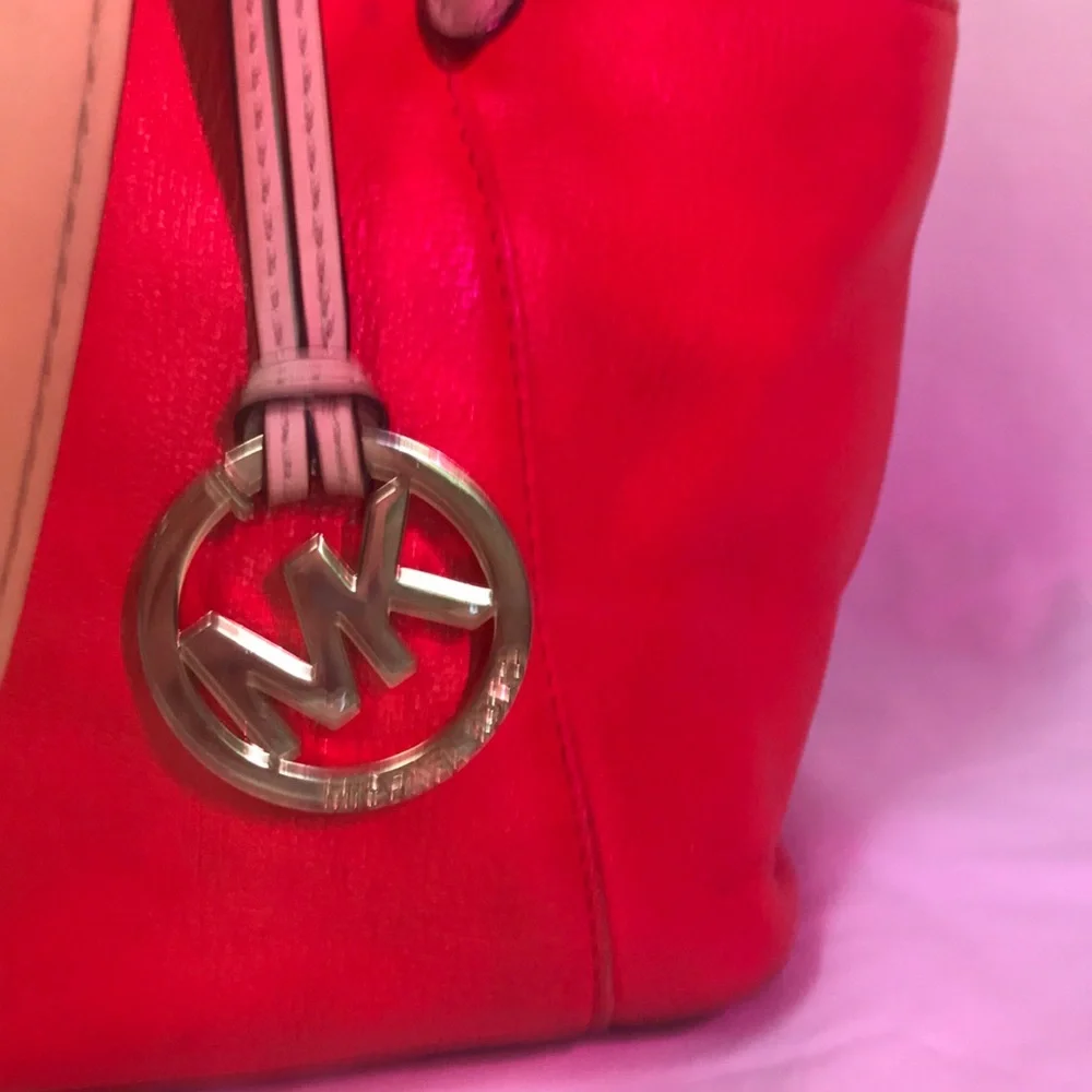 Michael Kors Coral Leather Tote Bag with Gold MK Charm